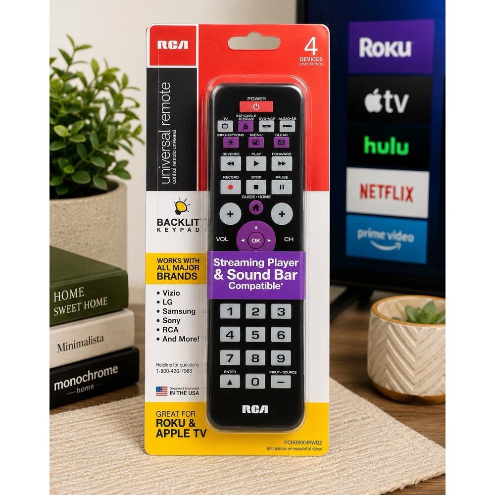 RCA 4-Device Universal Remote Backlit Roku Apple TV RCRBB004RWDZ NIB